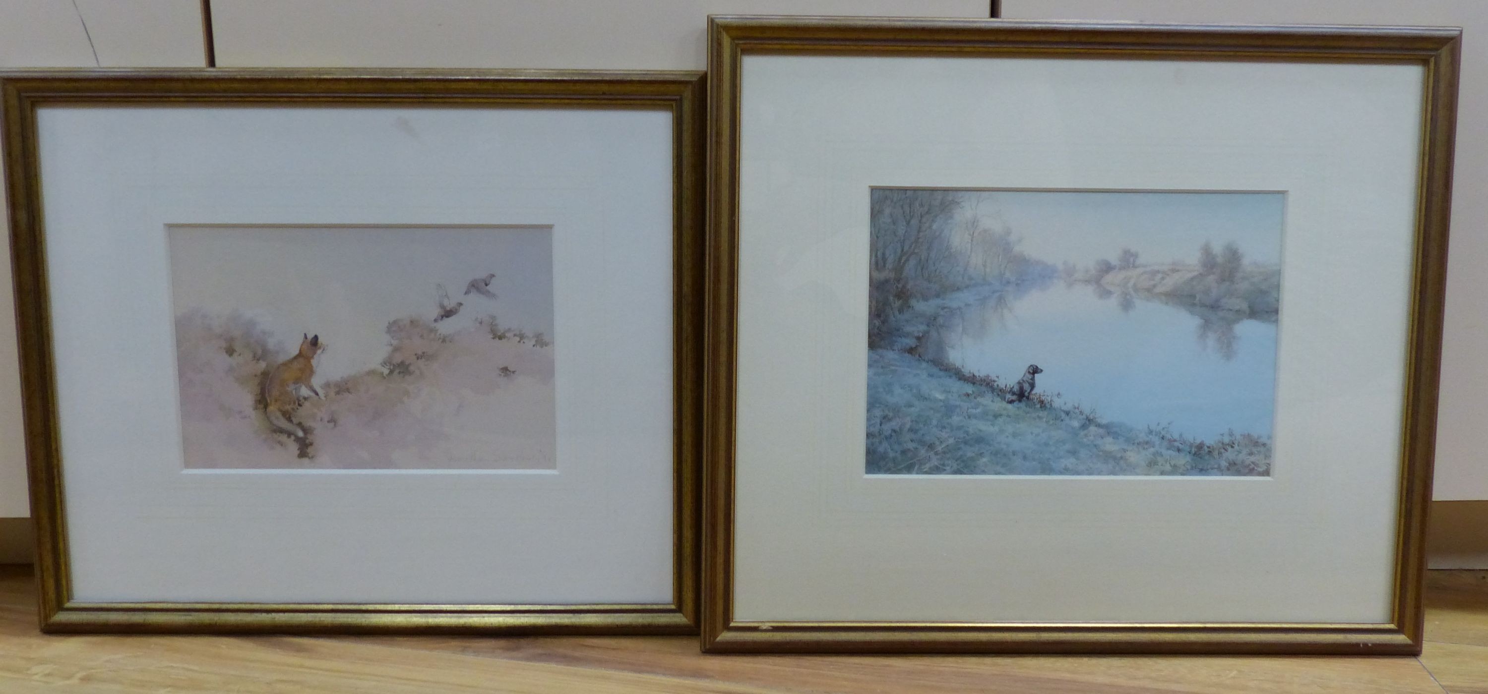 Jonathan Sainsbury (b.1951), watercolour, 'Still Waters, Black Labrador', signed, 18 x 27cm, and another 'A Chance Missed, Fox and Red Grouse', signed and dated '91, 16 x 25cm